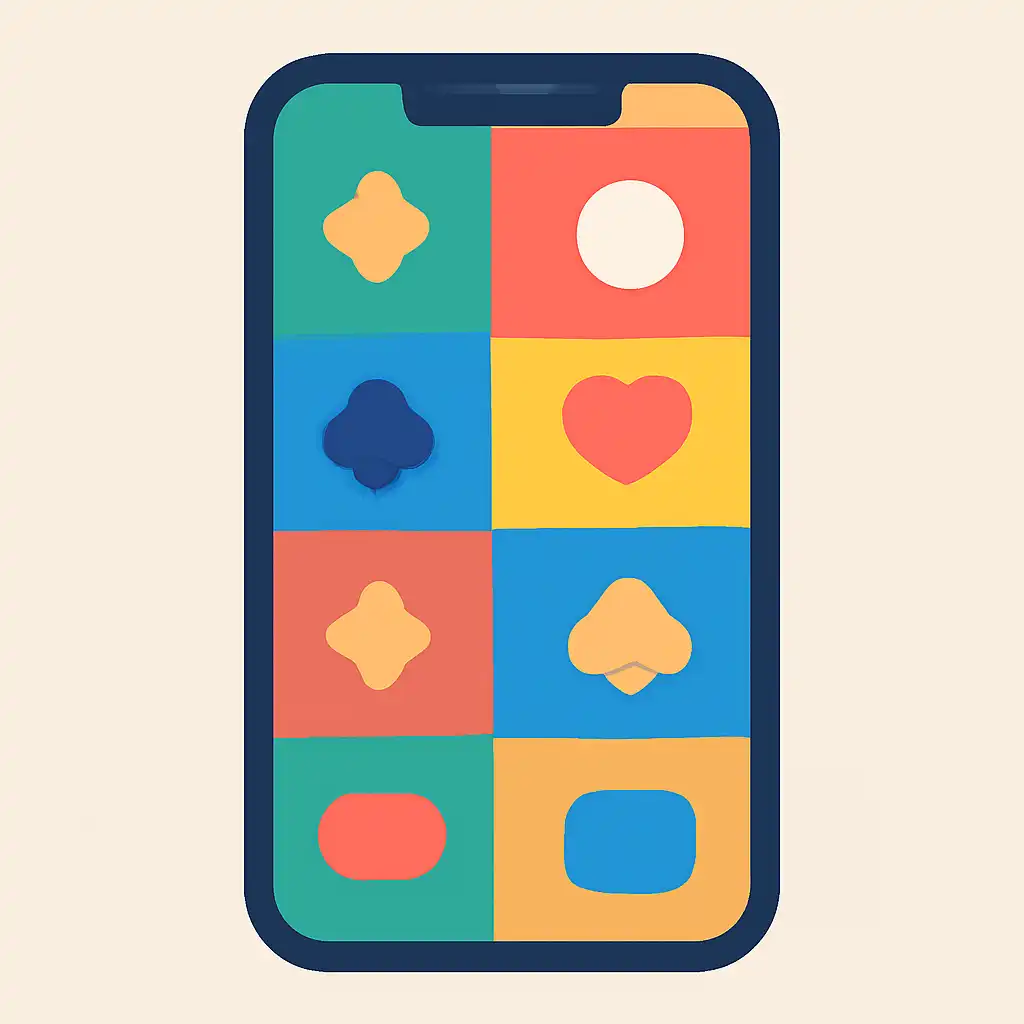 Smartphone shown from the front displaying a colourful flat layout of abstract game icons and rounded tiles, Teen Patti Joy