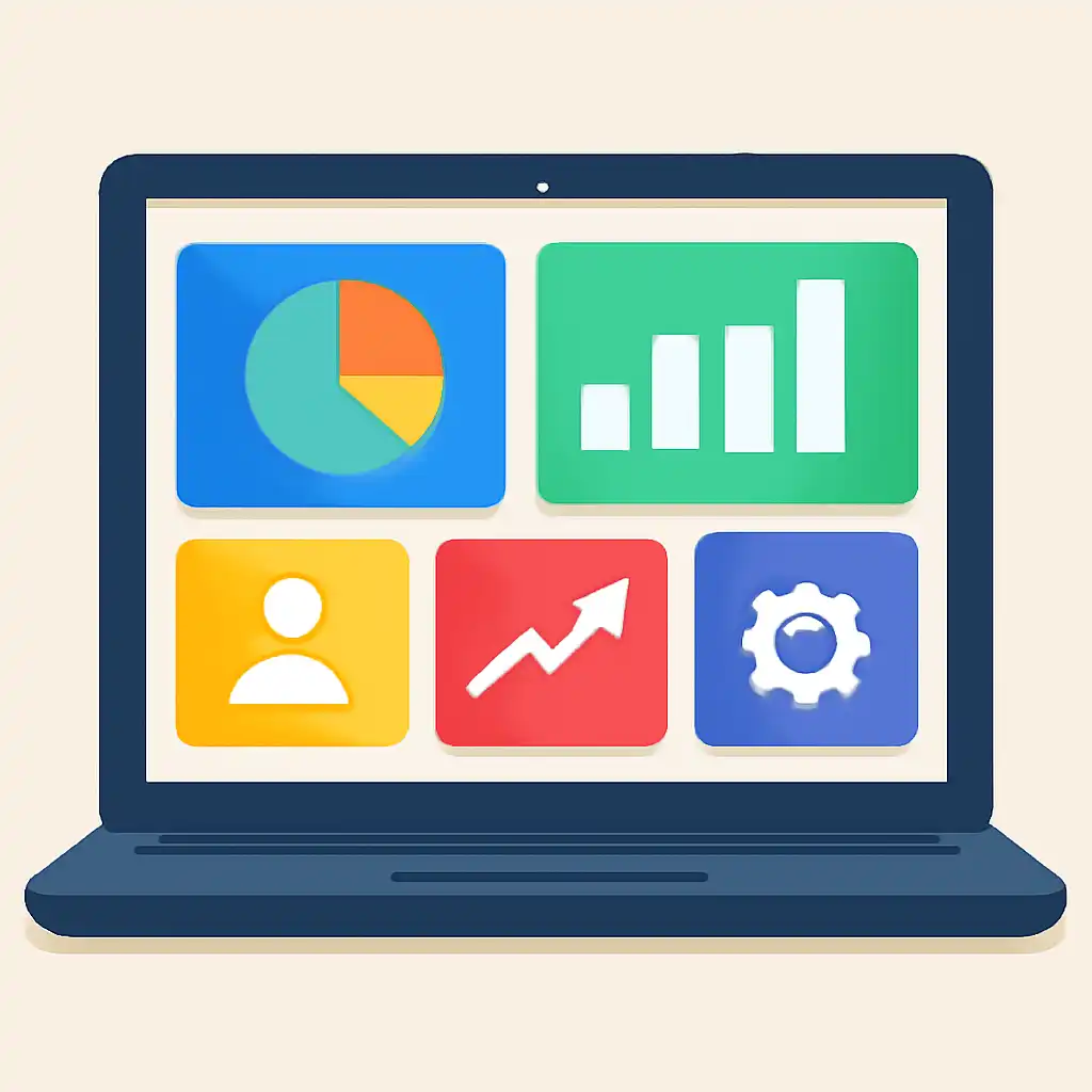 Laptop shown from the front displaying a colourful flat dashboard of abstract charts, bars and icon tiles, Teen Patti Joy
