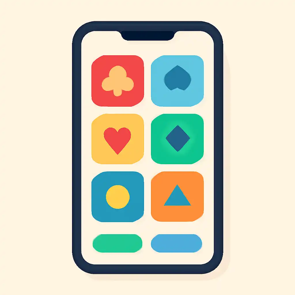 Smartphone shown from the front displaying a colourful flat layout of abstract game icons and rounded tiles, Is Teen Patti