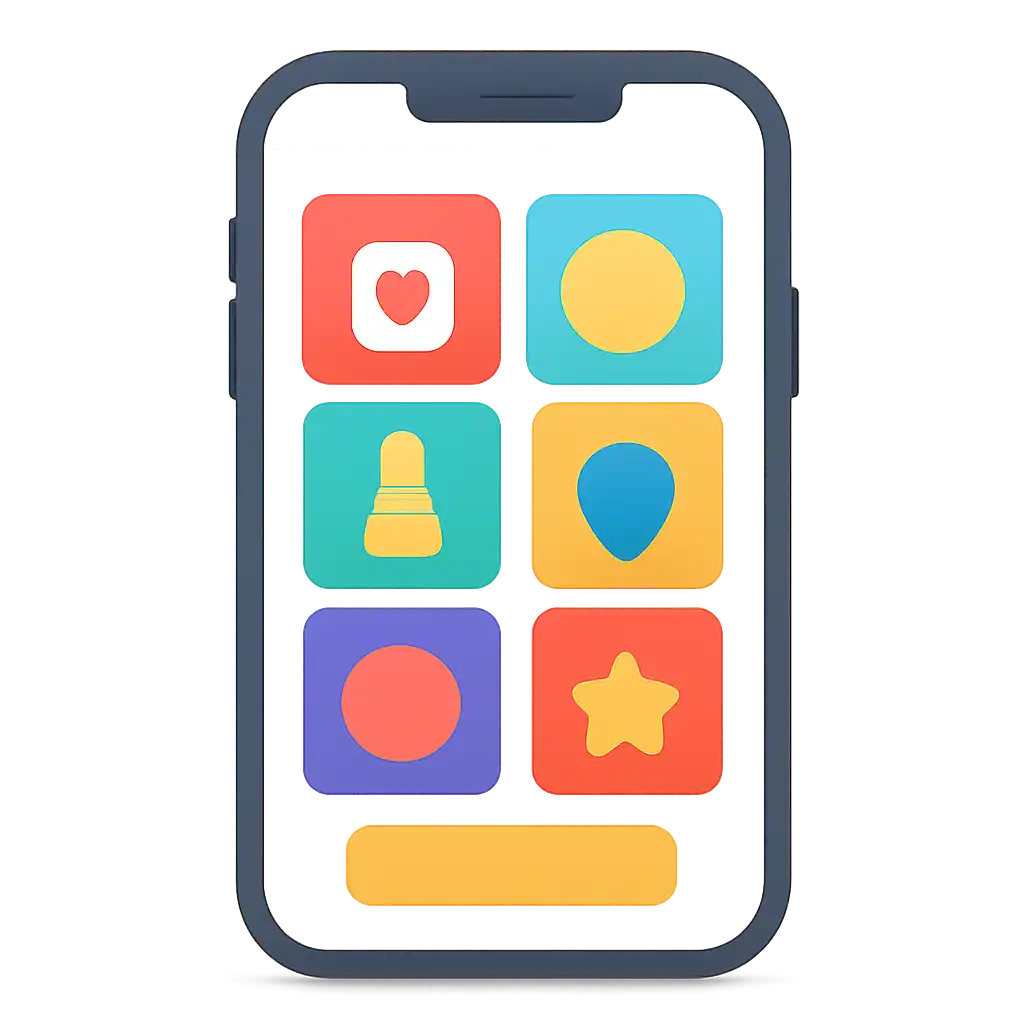 Smartphone shown from the front displaying a colourful flat layout of abstract game icons and rounded tiles, Teen Patti