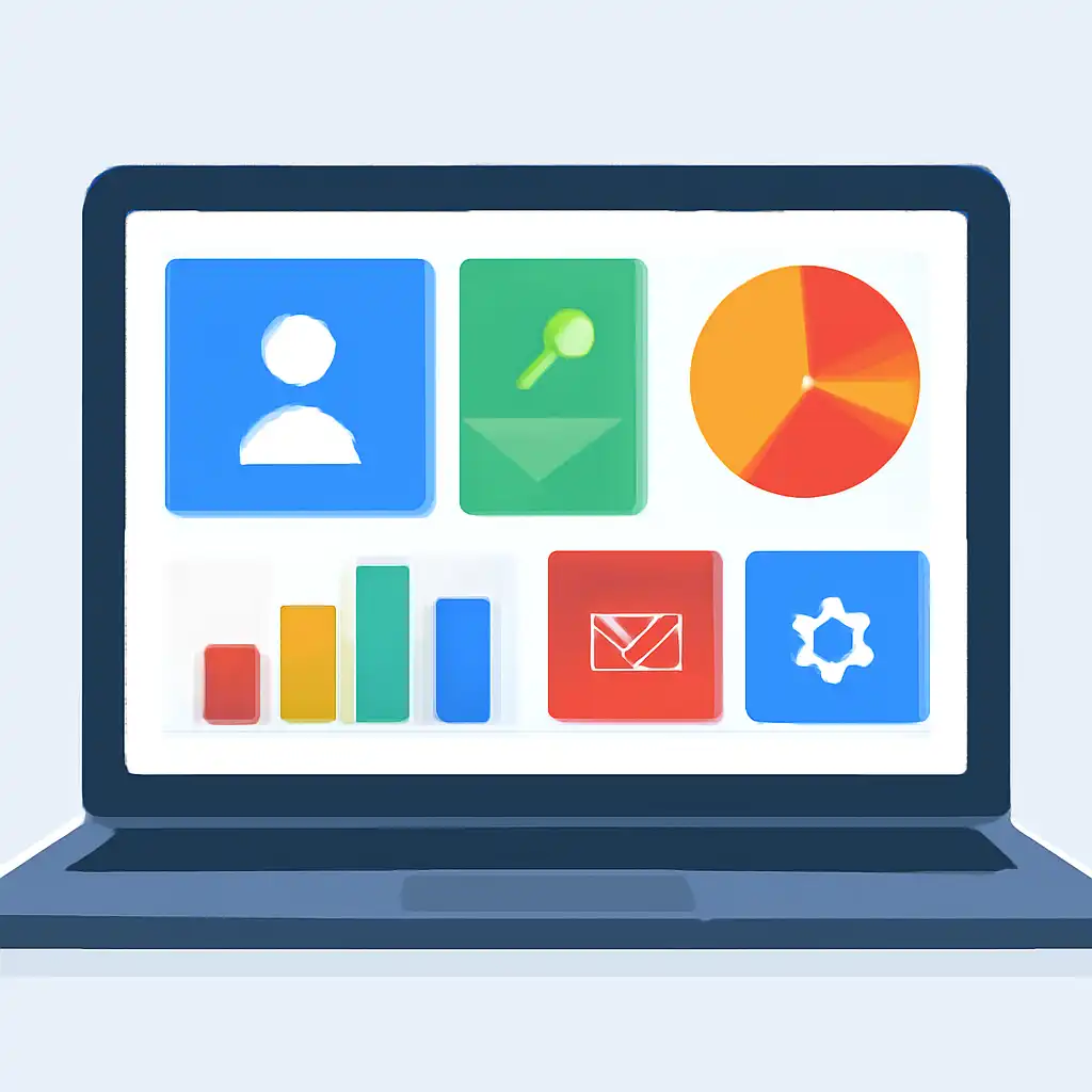 Laptop shown from the front displaying a colourful flat dashboard of abstract charts, bars and icon tiles, Teen Patti Joy
