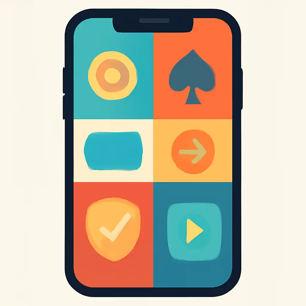 Smartphone shown from the front displaying a colourful flat layout of abstract game icons and rounded tiles, Teen Patti Joy