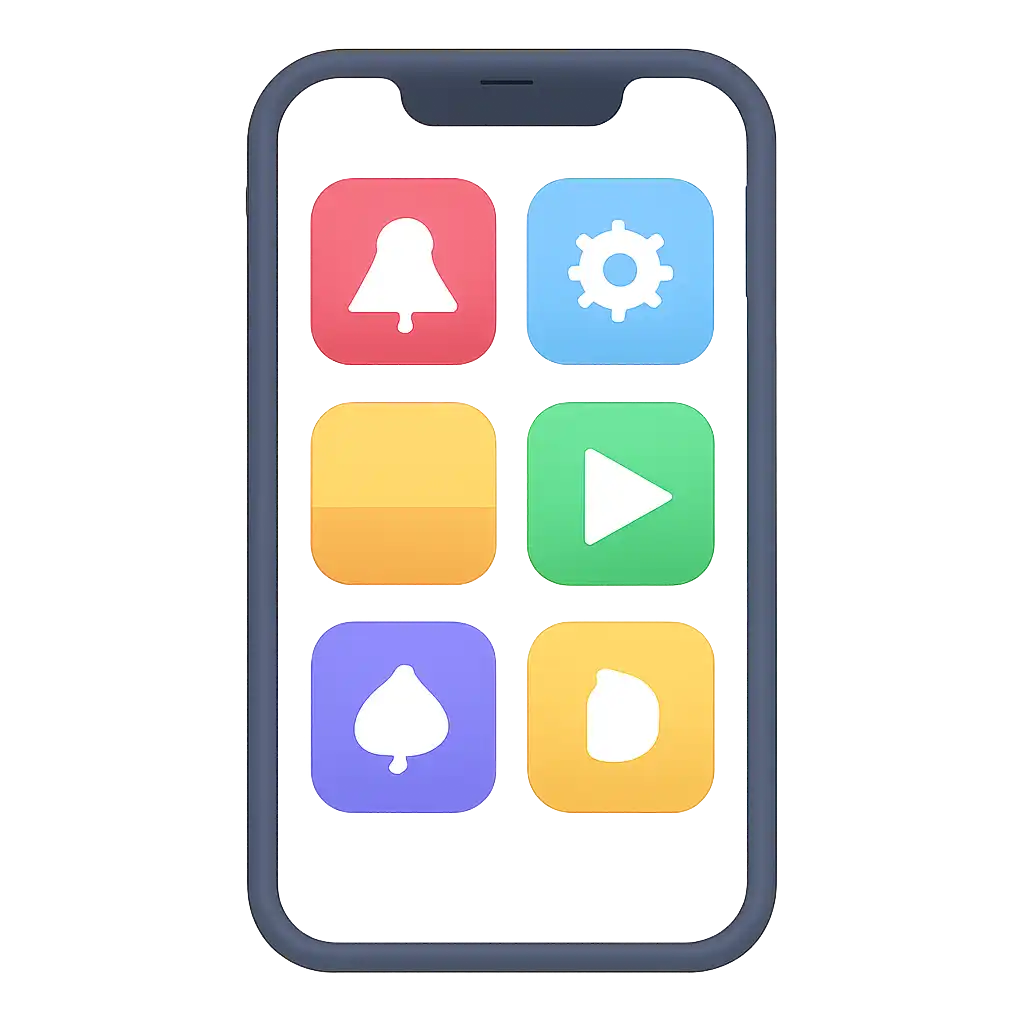 Smartphone shown from the front displaying a colourful flat layout of abstract game icons and rounded tiles, Teen Patti Joy