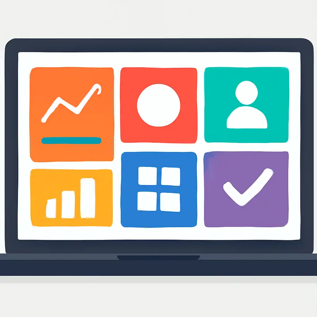 Laptop shown from the front displaying a colourful flat dashboard of abstract charts, bars and icon tiles, Teen Patti Joy