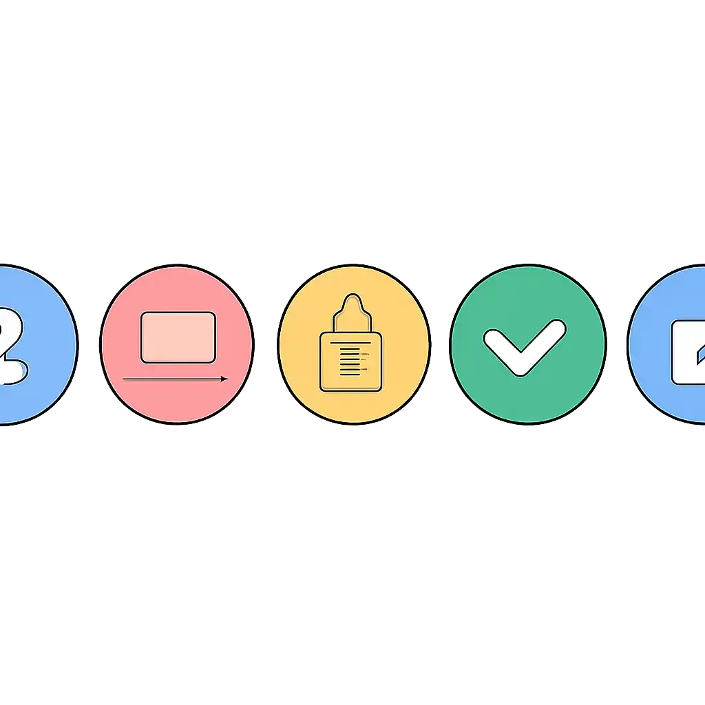 Five numbered circular icons connected by arrows in a horizontal flow, Teen Patti Joy Registration and Login Steps steps