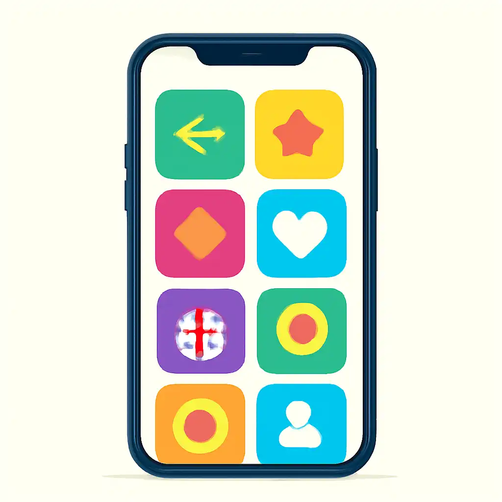 Smartphone shown from the front displaying a colourful flat layout of abstract game icons and rounded tiles, Teen Patti Joy