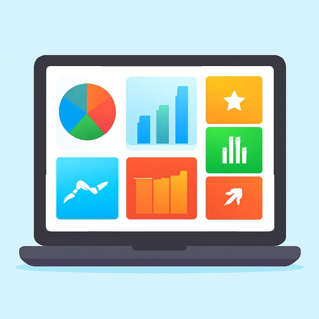 Laptop shown from the front displaying a colourful flat dashboard of abstract charts, bars and icon tiles, Teen Patti Joy