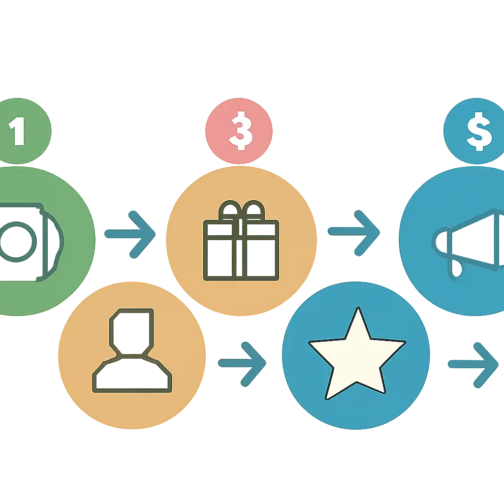 Five numbered circular icons connected by arrows in a horizontal flow, Teen Patti Joy Games, Bonuses and Referral Rewards