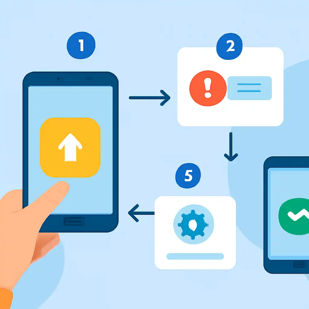 Annotated step diagram: app update problems process with numbered callouts, Teen Patti Joy