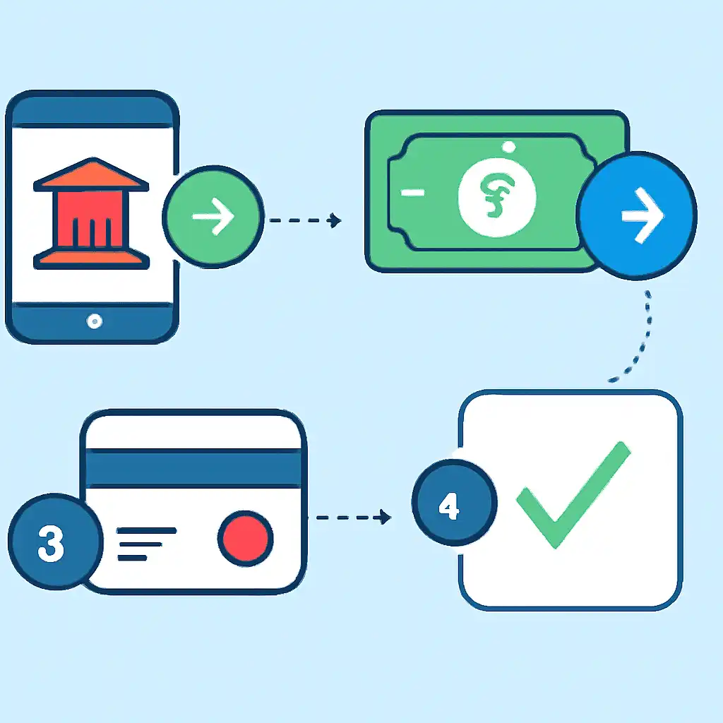 Annotated step diagram: bank transfer times process with numbered callouts, Teen Patti Joy