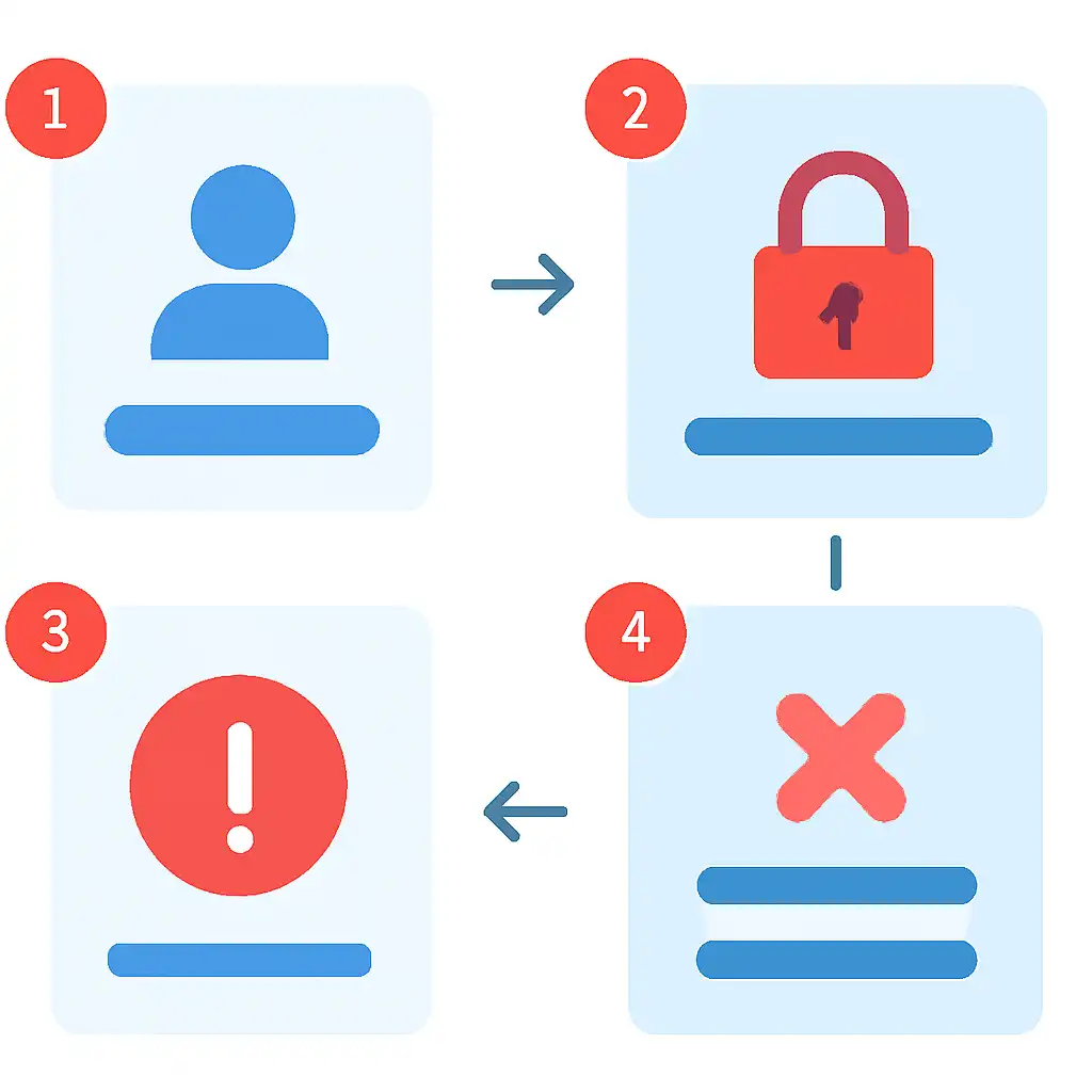 Annotated step diagram: account locked process with numbered callouts, Teen Patti Joy